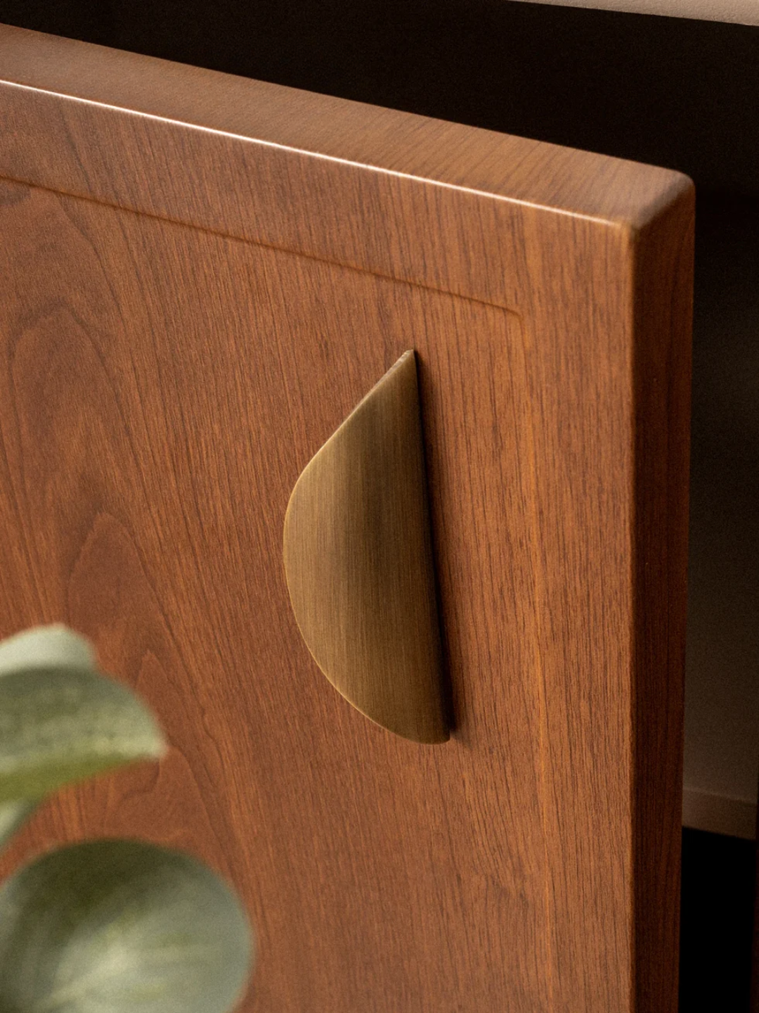 Wooden cabinet with a unique handle design, blurred plant in the foreground