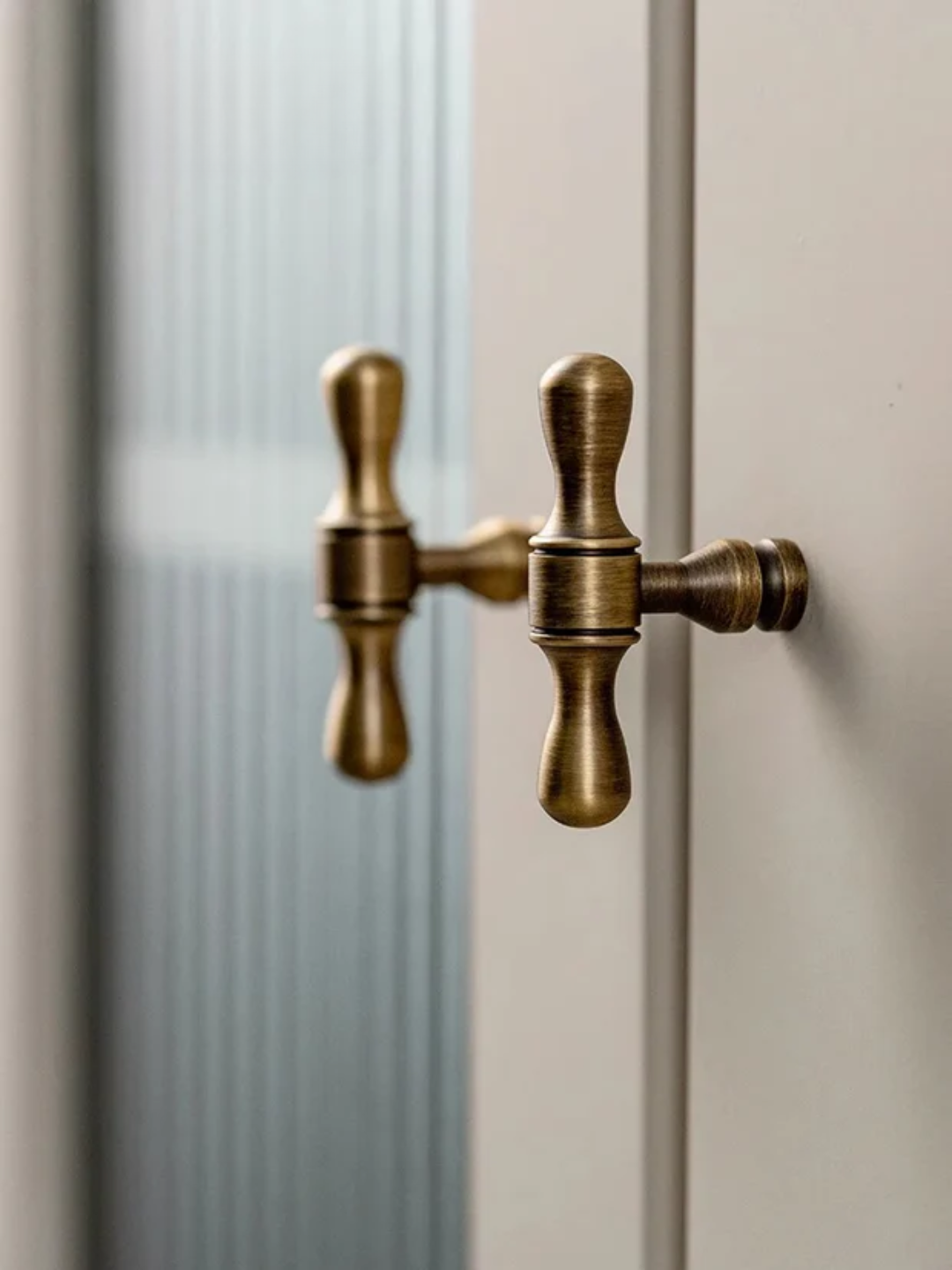 Close-up of a vintage-style brass door handle on a glass door.