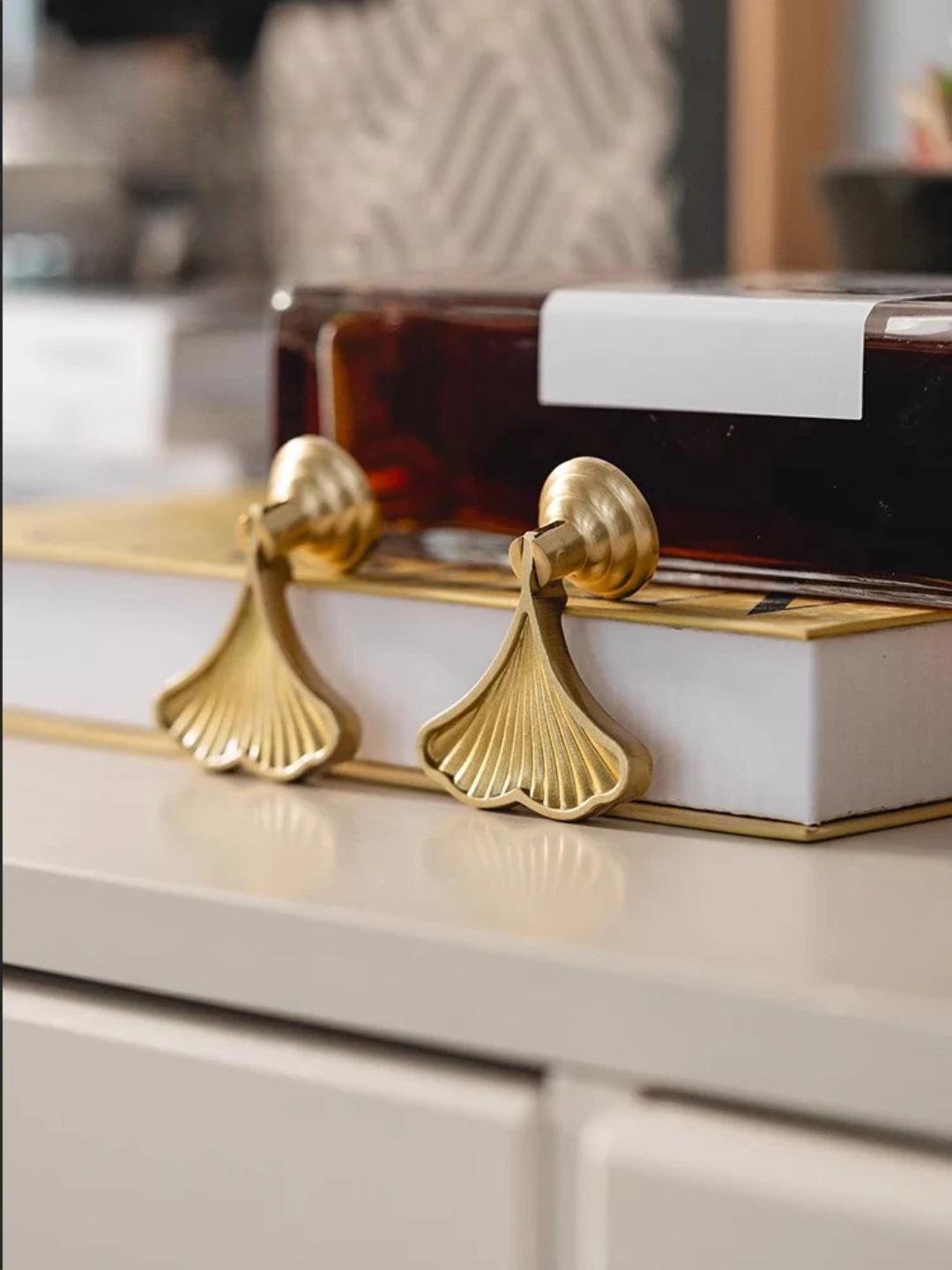 Two gold door handles on a white cabinet with a blurred background