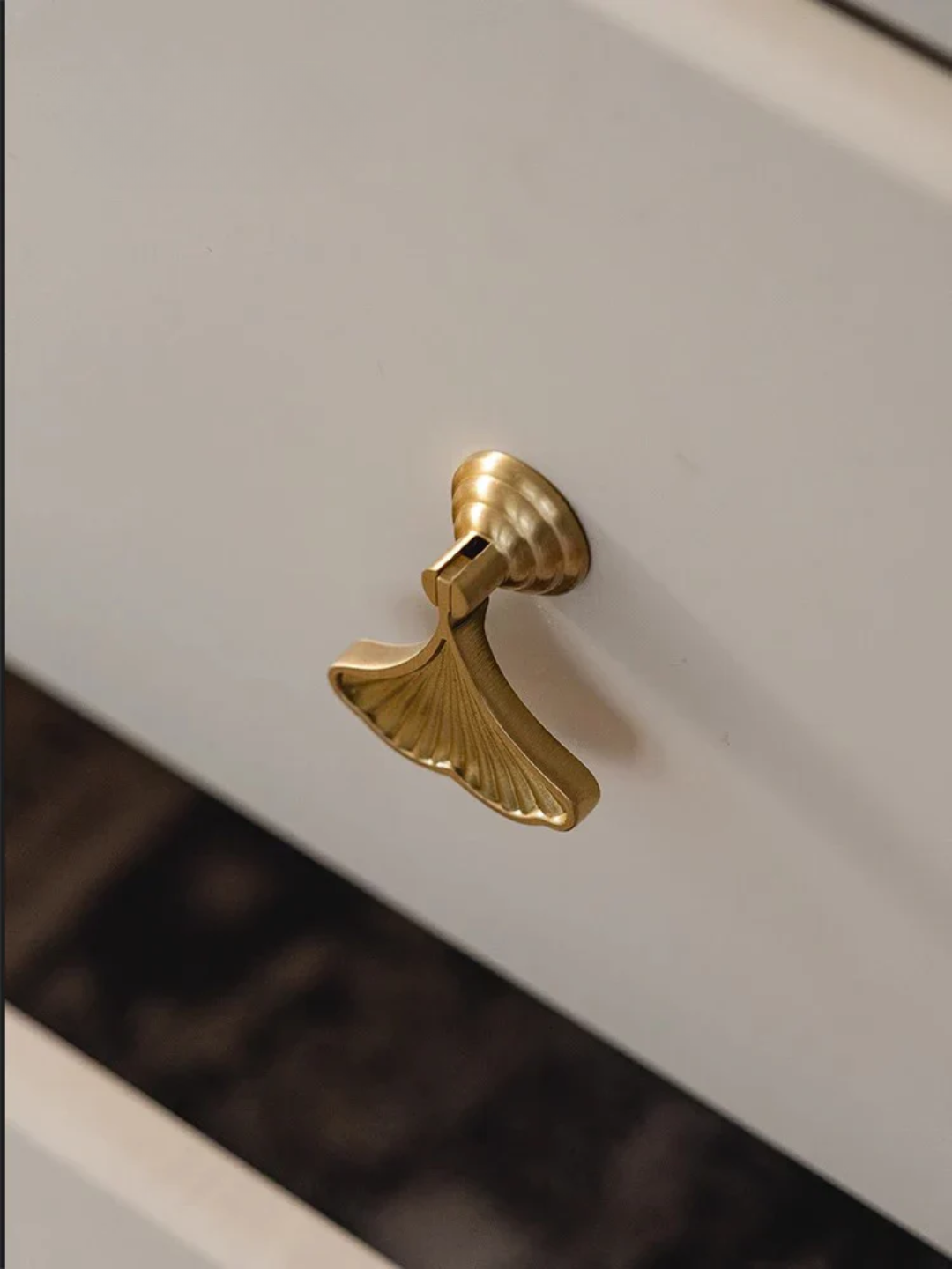 Gold cabinet handle on a white drawer