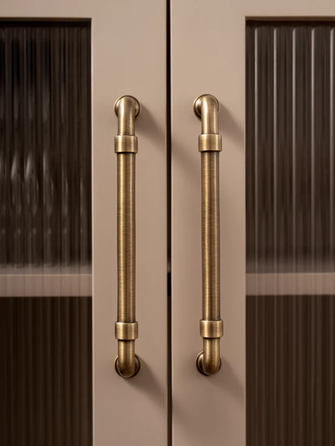 Pair of bronze cabinet handles on a wooden door.