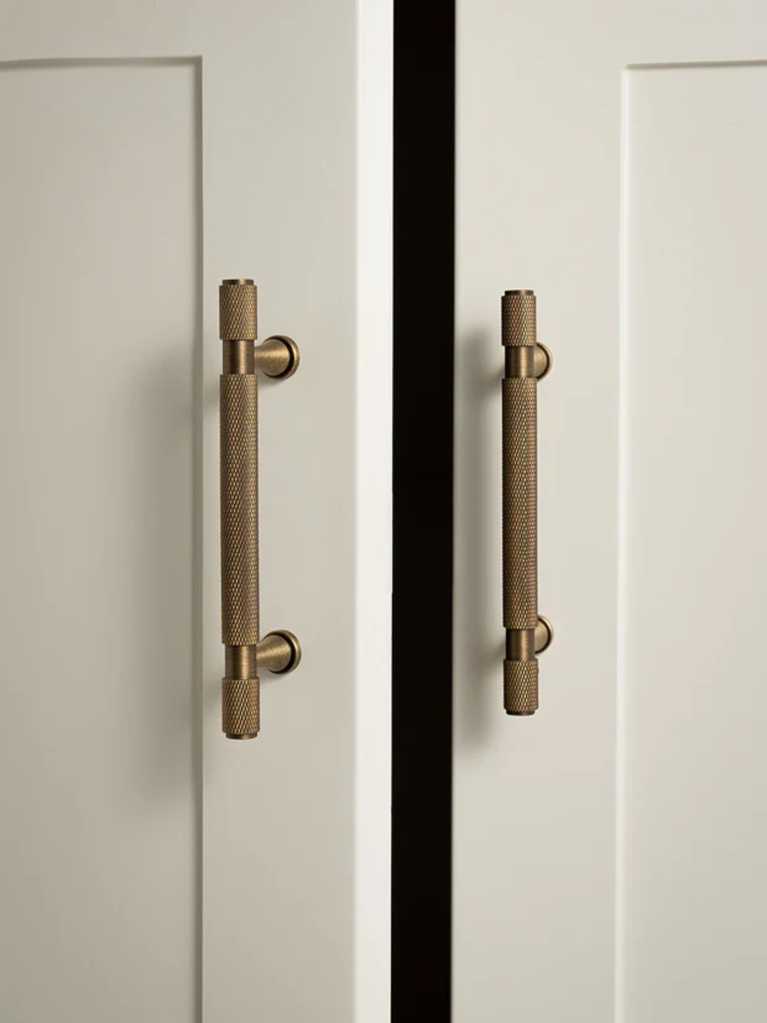 Close-up of two bronze handles on a door with a black strip in between.