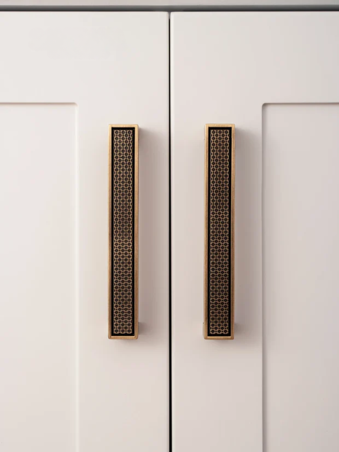Close-up of two cabinet doors with decorative handles on a white background