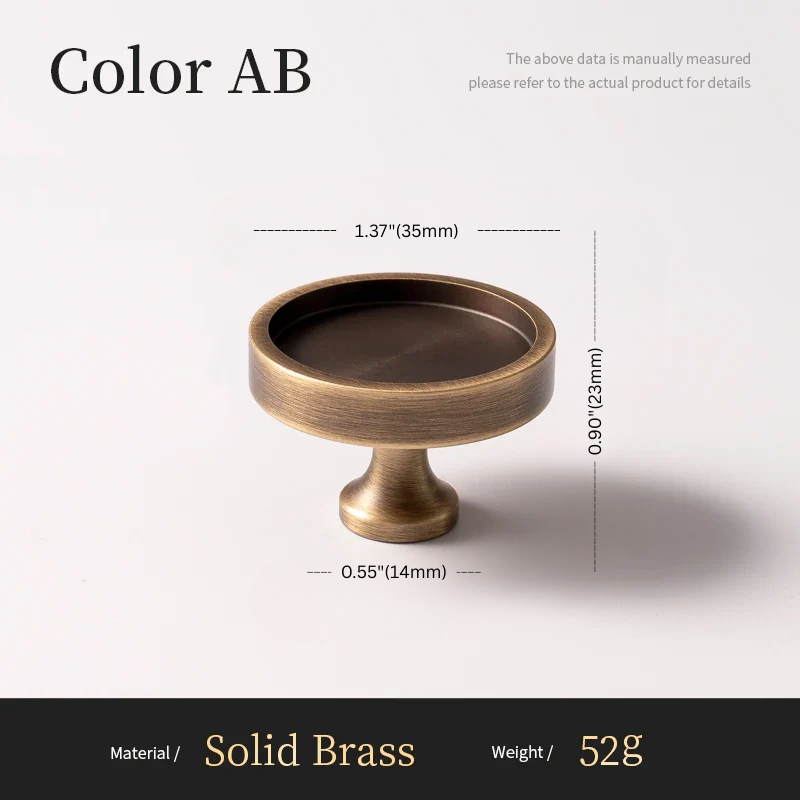 Brass knob with dimensions and material details on a white background