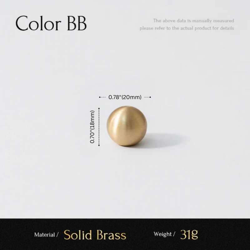 Gold spherical object with measurements and material details on a white background