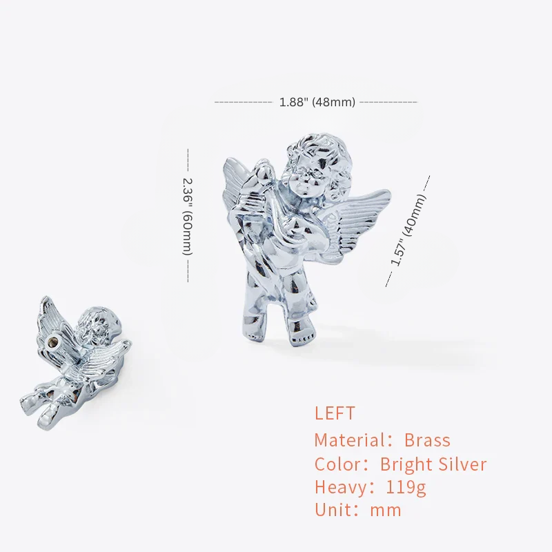 Silver angel figurines with measurements on a white background