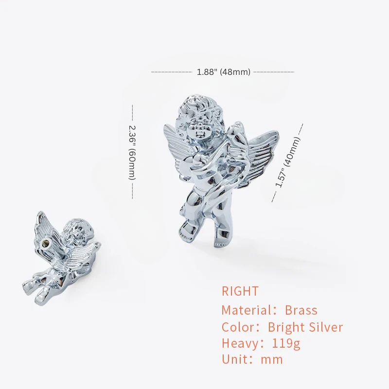 Pair of angel winged earrings with measurements on a white background