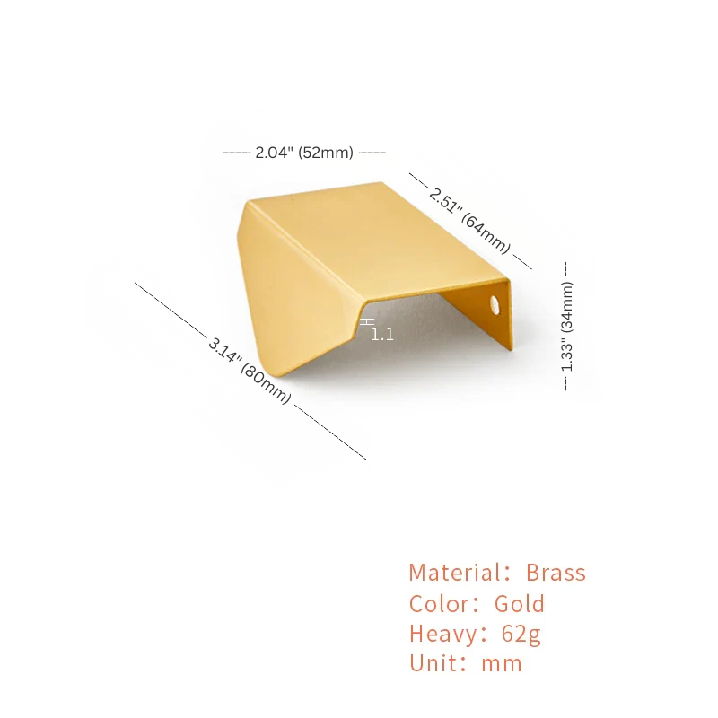 Gold metal bracket with dimensions on a white background