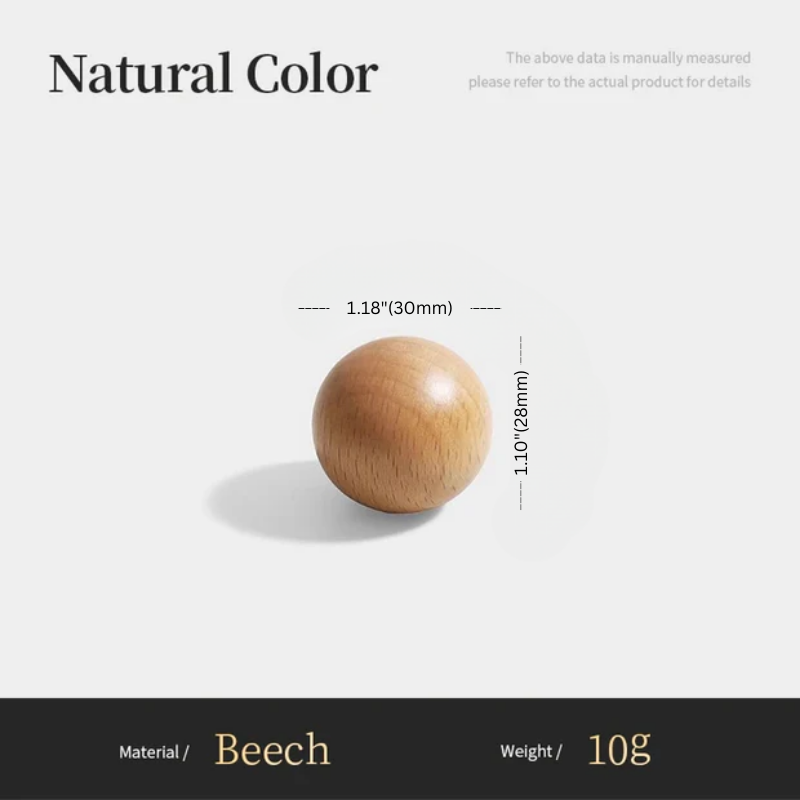 Wooden ball with measurements and material details on a white background