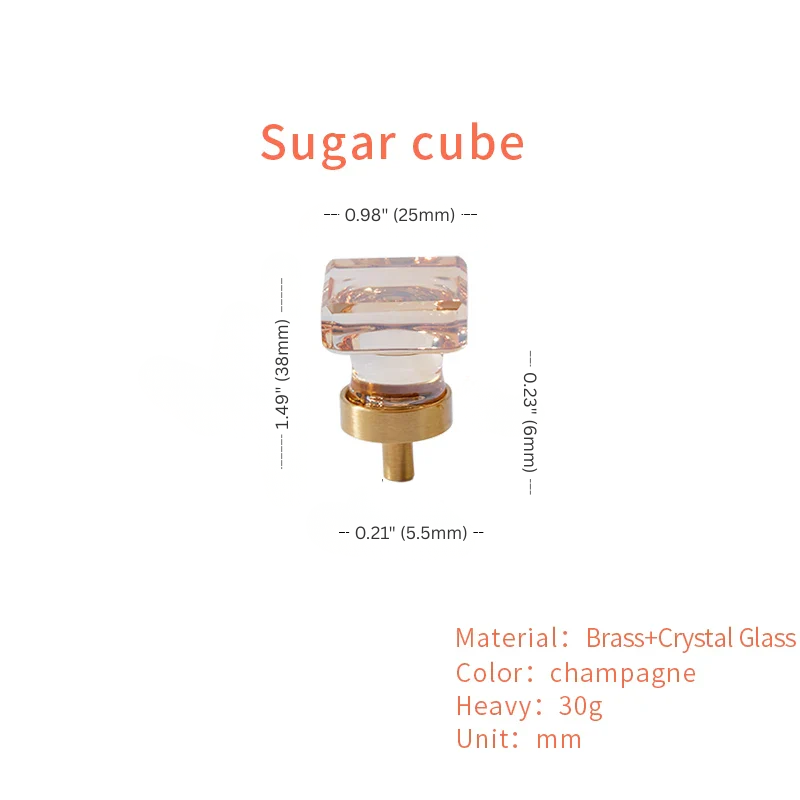 Measurement chart of a sugar cube with dimensions and material details.