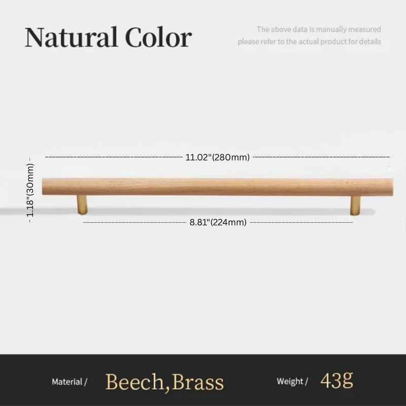 Wooden handle with measurements and material details on a white background