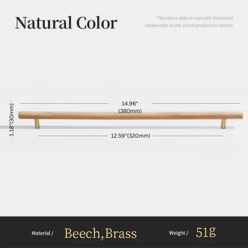Wooden handle with measurements and material details on a white background