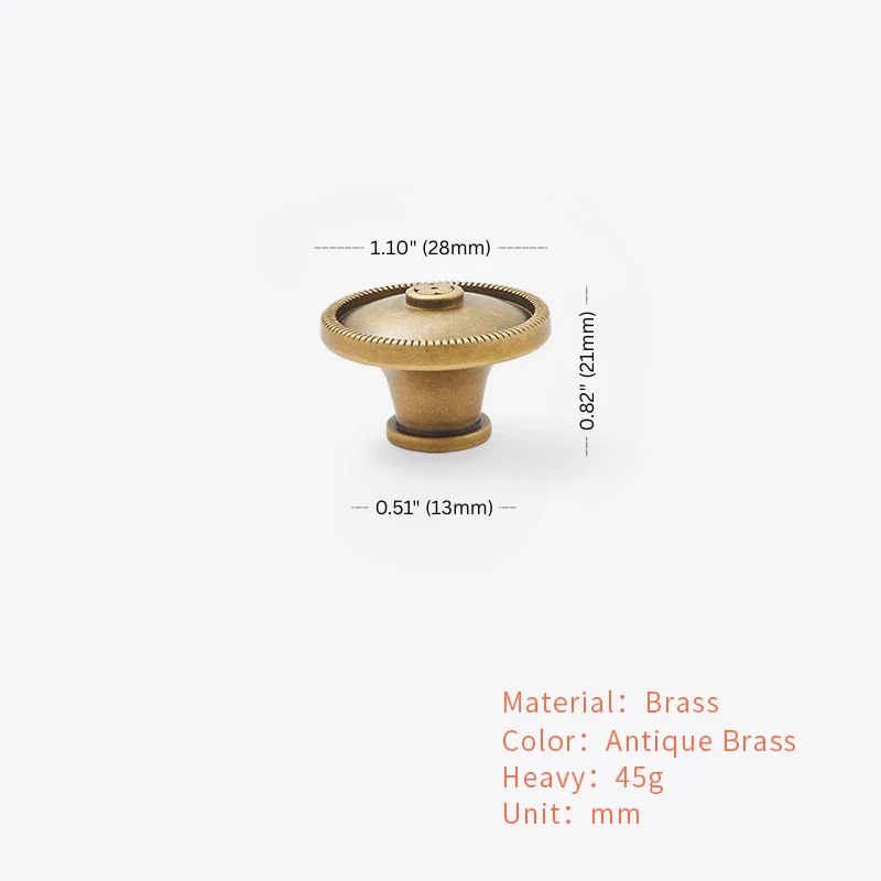 Brass knob with dimensions and material details on a white background