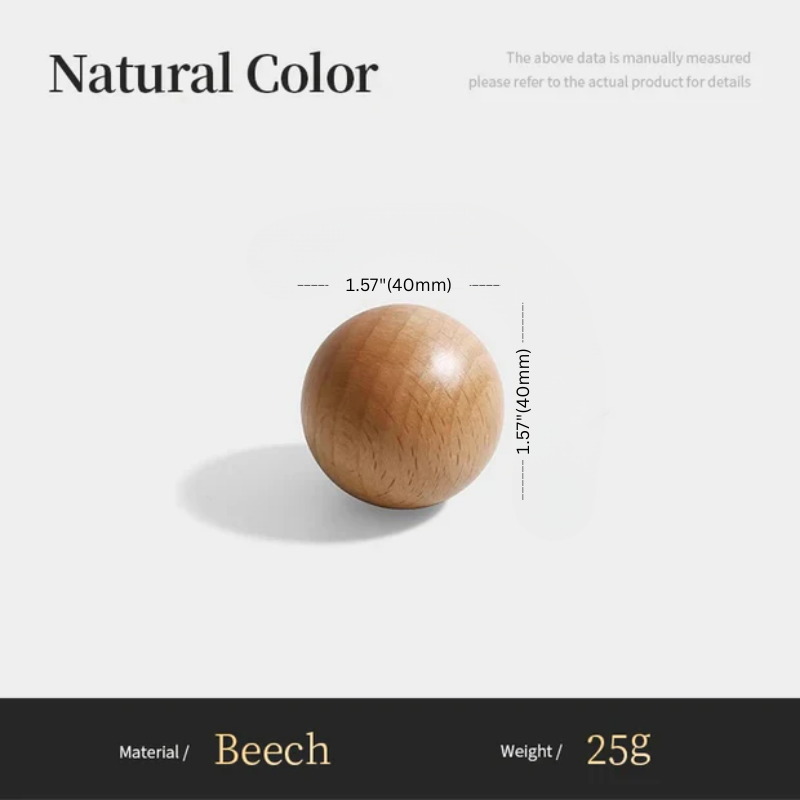 Wooden ball with measurements and material details on a white background