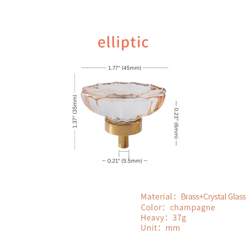 Elliptic glass knob with dimensions and material details on a white background