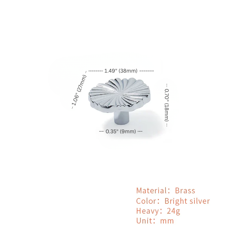 Brass knob with dimensions and material details on a white background