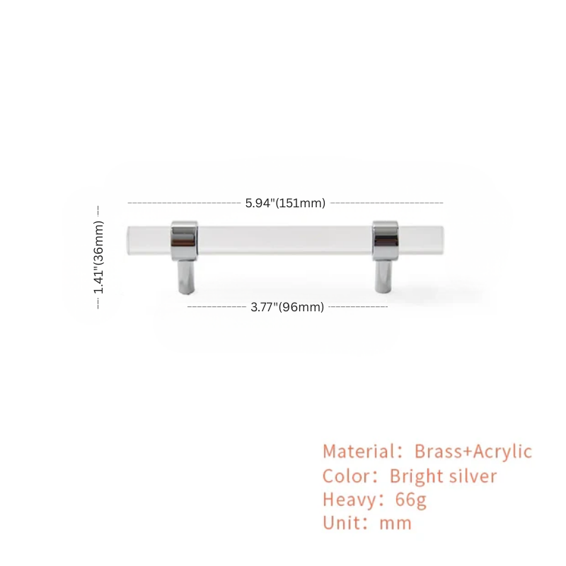 Cabinet handle with dimensions and material details on a white background