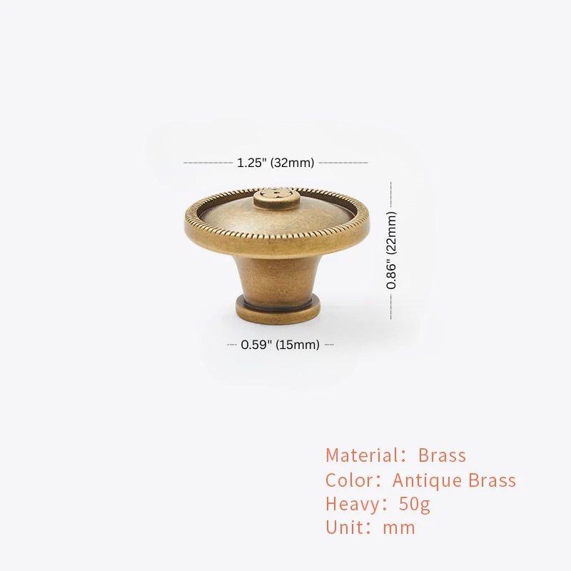 Brass knob with dimensions and material details on a white background
