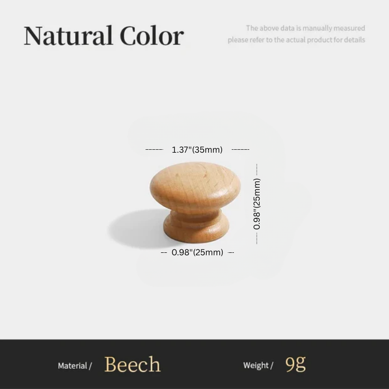 Wooden knob with measurements and material details on a white background