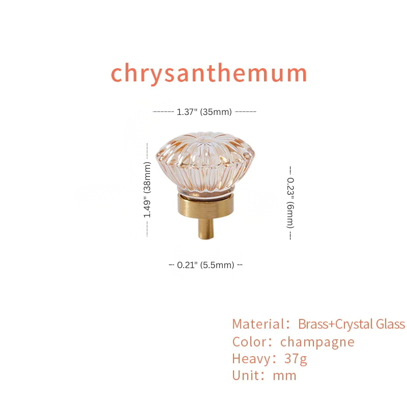 Chrysanthemum-style knob with dimensions and material details on a white background