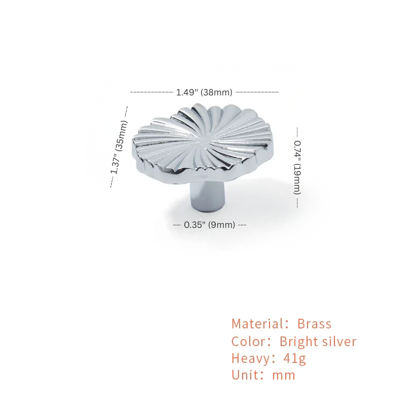 Brass decorative knob with measurements on a white background