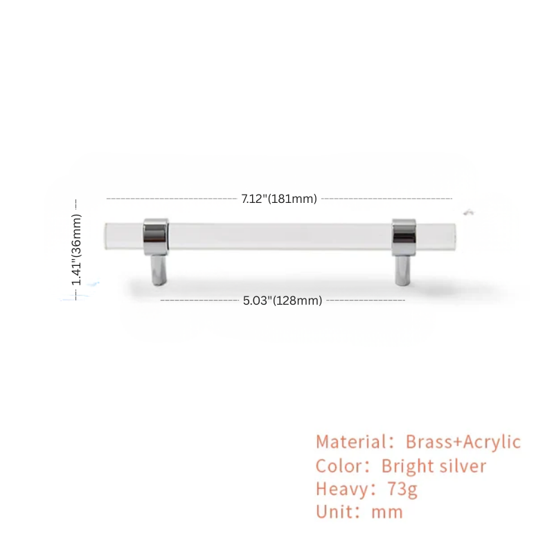 Cabinet handle with dimensions and material details on a white background
