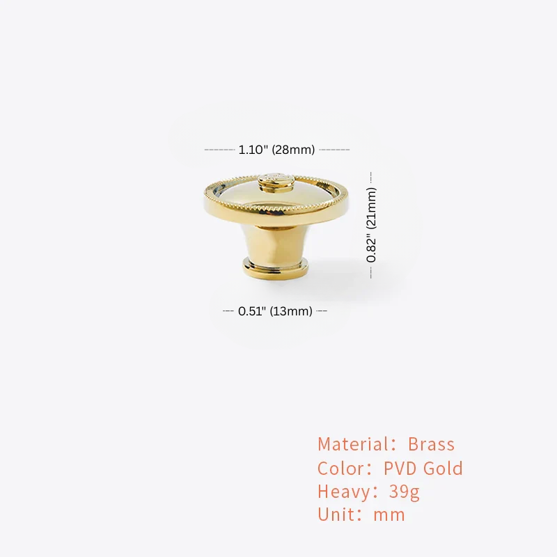 Gold knob with measurements and material details on a white background