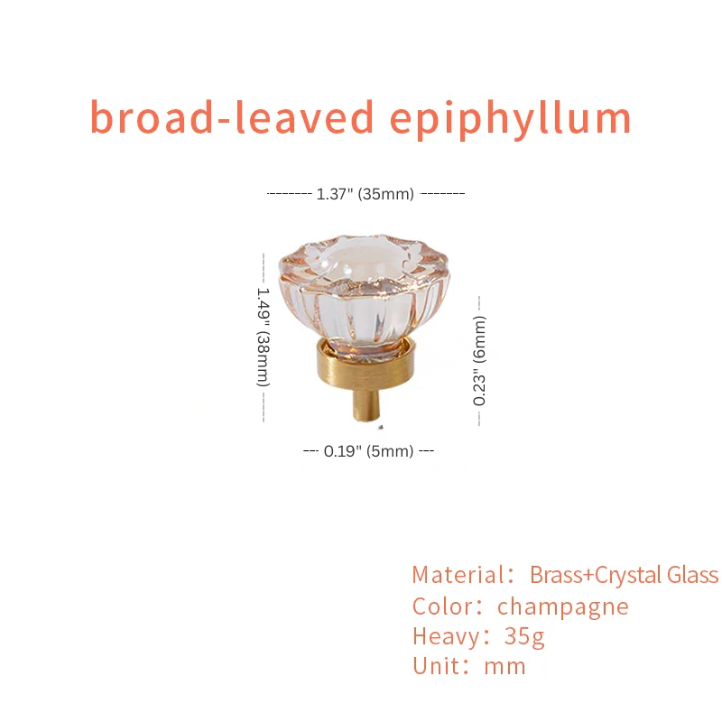Brass and crystal glass knob with dimensions and material details on a white background