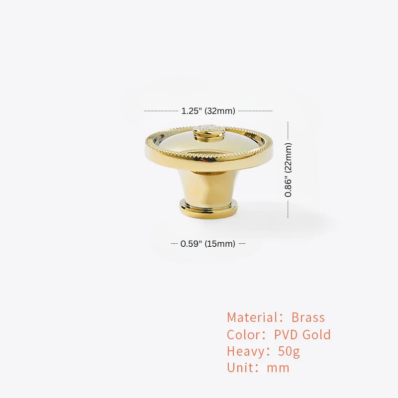 Gold knob with dimensions and material details on a white background