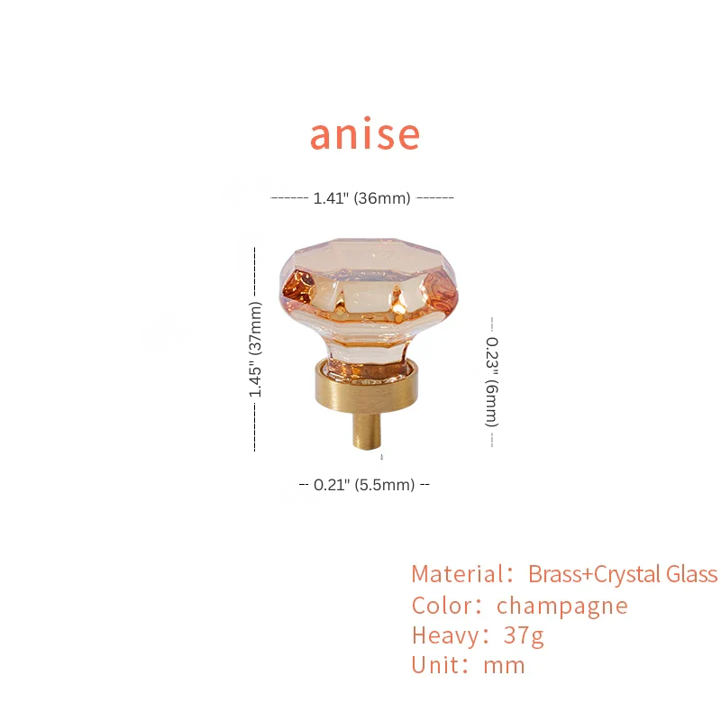 Brass and crystal glass cabinet knob with dimensions and material details on a white background