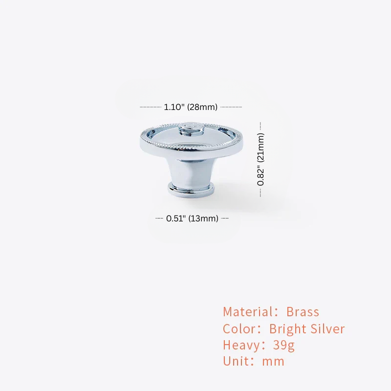 Brass cabinet knob with dimensions and material details on a white background