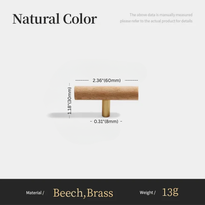 Wooden handle with brass core and measurements on a white background