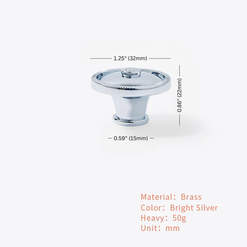 Chrome cabinet knob with dimensions and material details on a white background