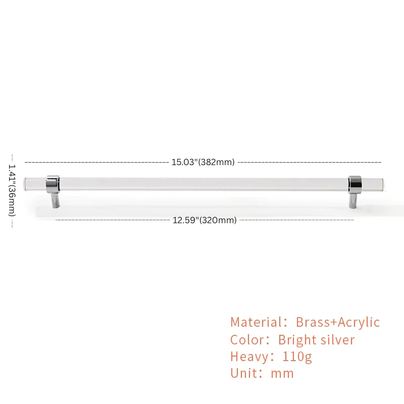 Measurement chart of a handle with dimensions and material details on a white background