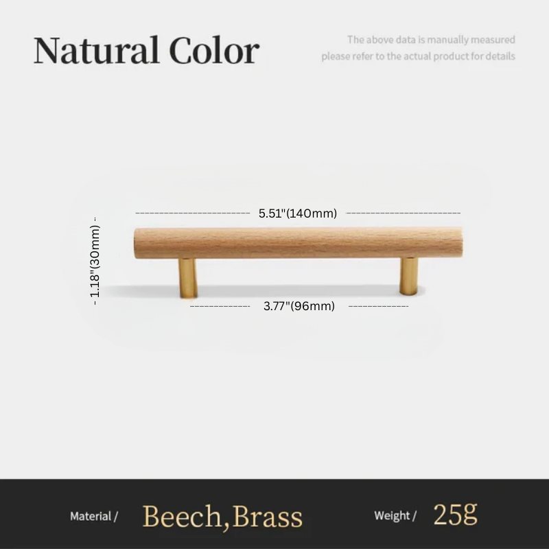 Wooden drawer pull with measurements and material details on a white background