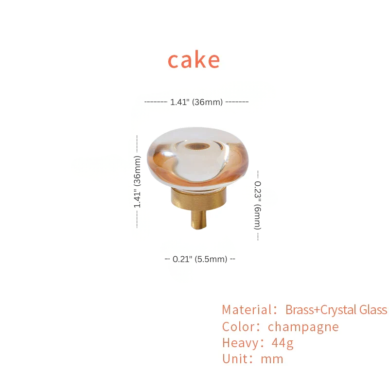 Measurement chart for a decorative knob with brass and crystal glass design on a white background.