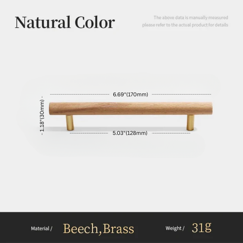 Wooden cabinet handle with brass accents and measurements on a white background