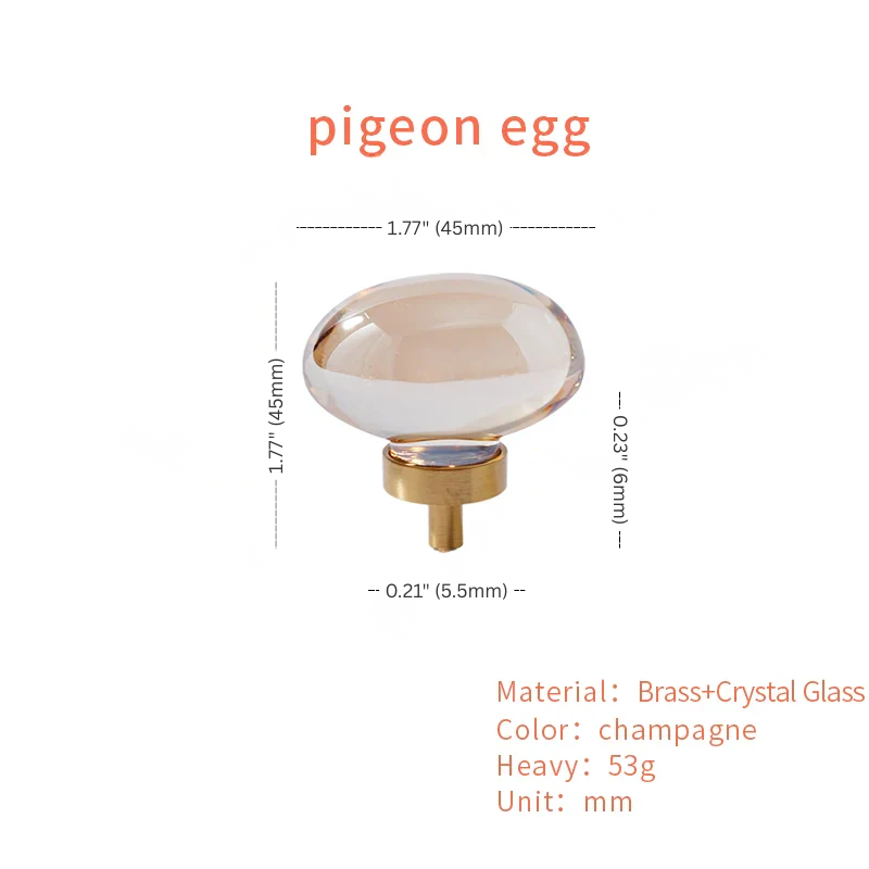 Pigeon egg-shaped decorative knob with dimensions and material details on a white background