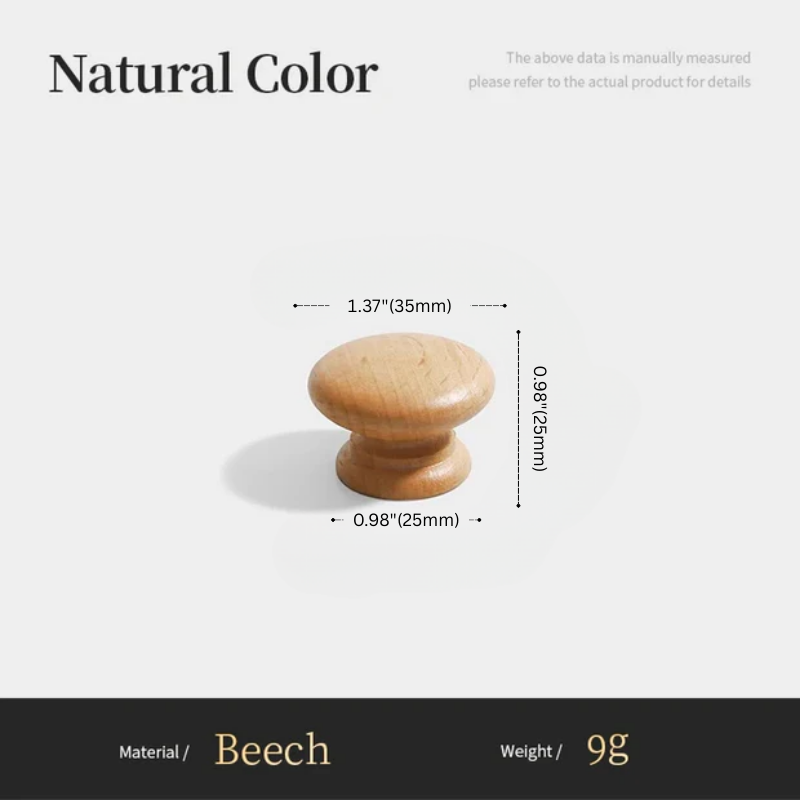 Wooden knob with measurements and material details on a white background