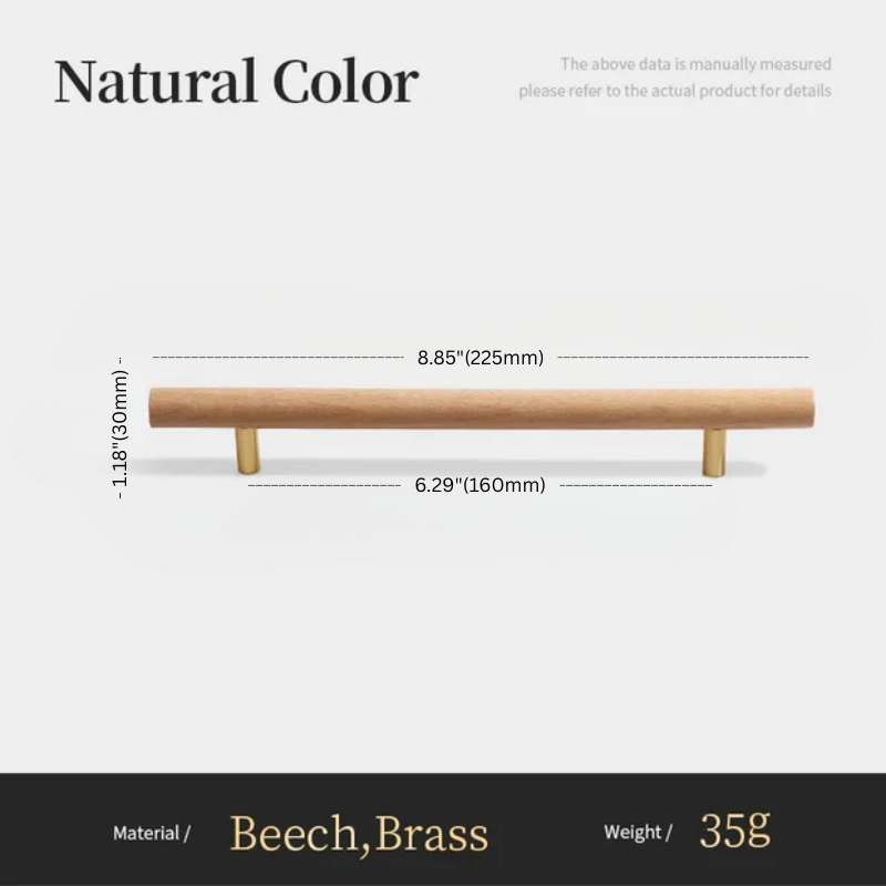 Wooden handle with measurements and material details on a white background