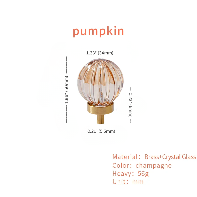 Measurement chart of a decorative pumpkin with brass and crystal glass details on a white background.