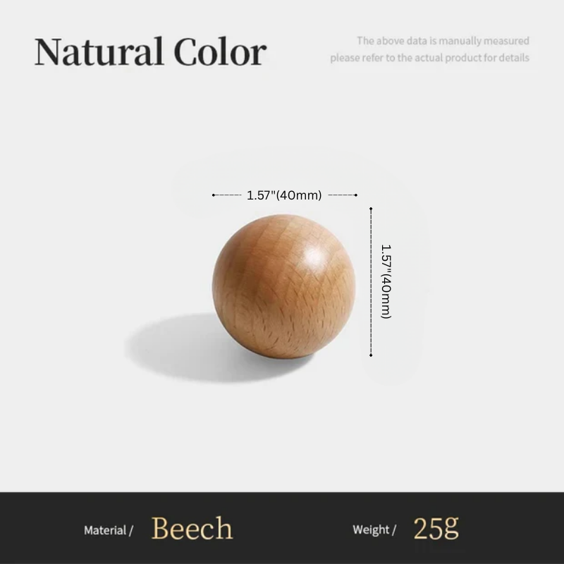 Wooden ball with measurements and material details on a white background