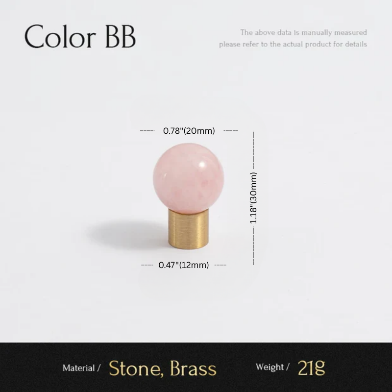 Measurement chart for a pink stone and brass object with dimensions and material details.