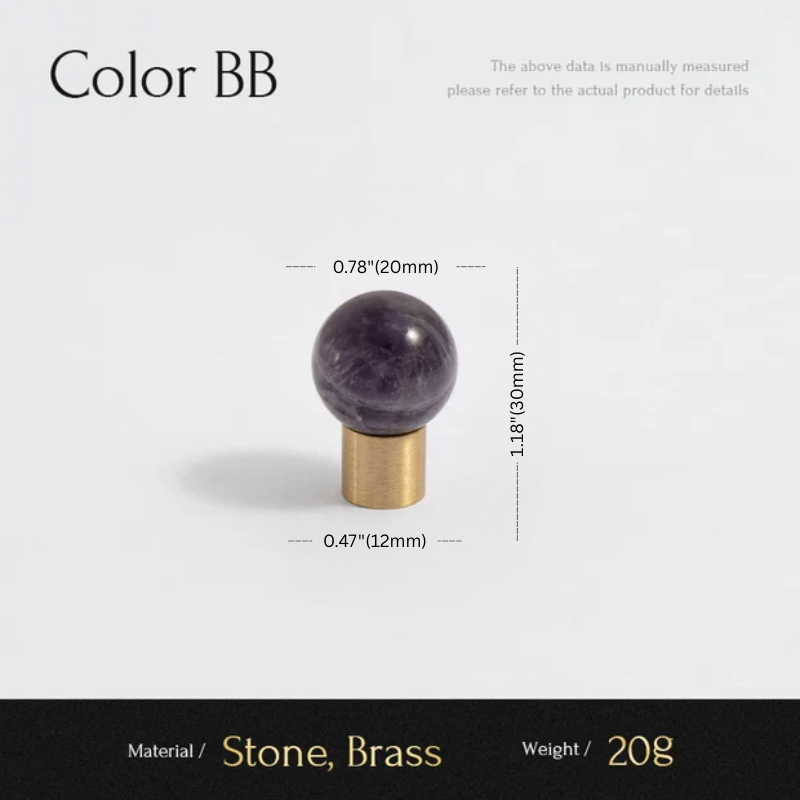 Measurement chart of a decorative object with stone and brass components on a white background.