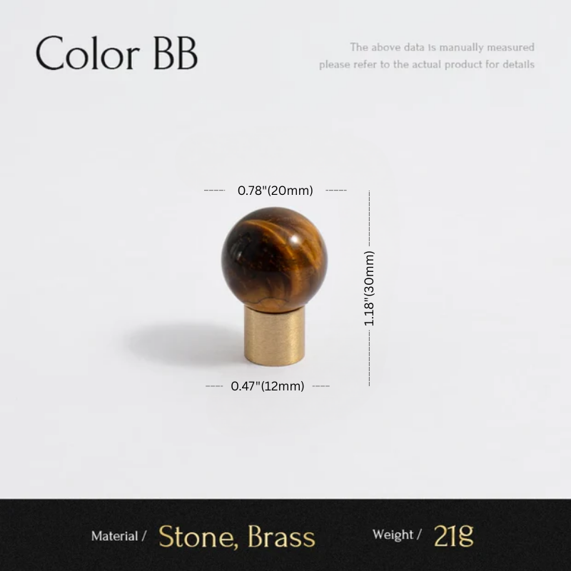 Measurement chart of a decorative object with stone and brass components on a white background.