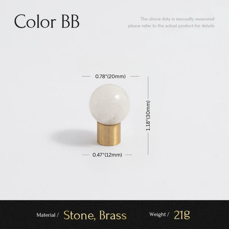 Measurement chart for a decorative item with white sphere and brass base on a light gray background.