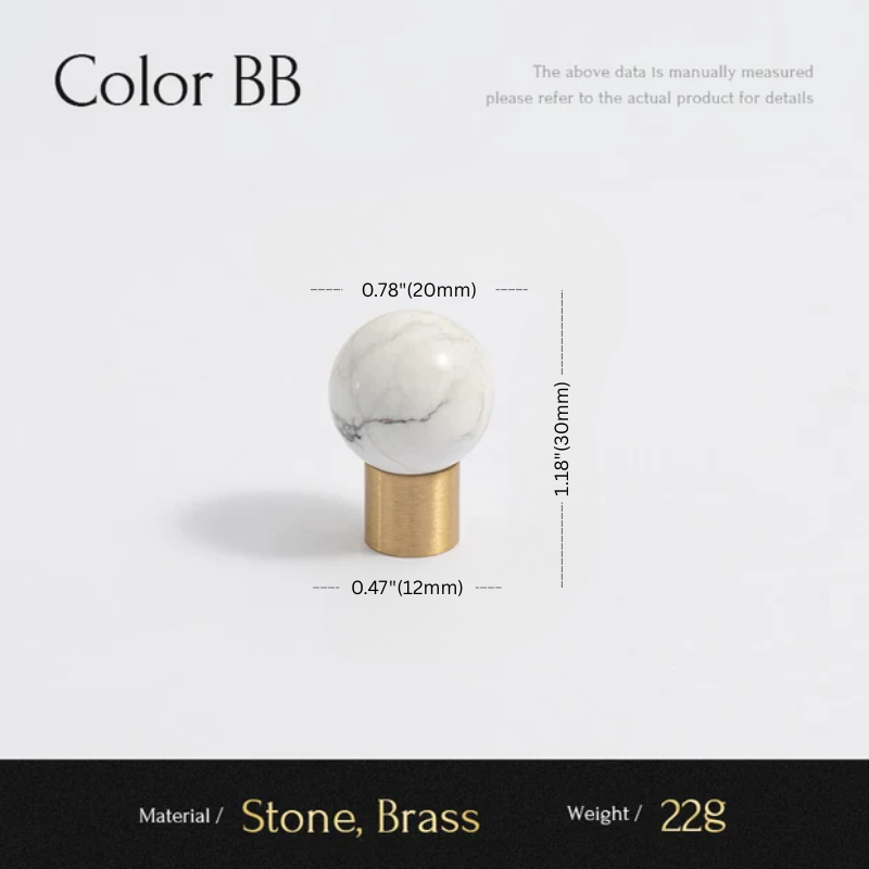 Marble-textured knob with brass base and measurements on a white background