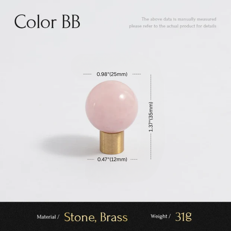 Pink spherical object on a brass base with measurements and product details on a light gray background.