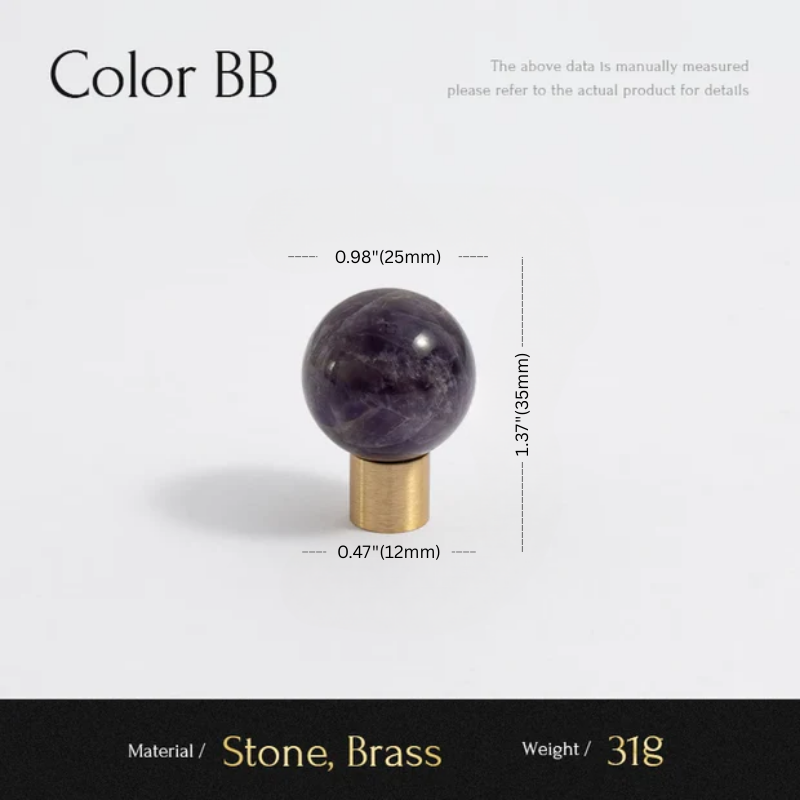 Measurement chart of a decorative item with stone sphere and brass base on a white background