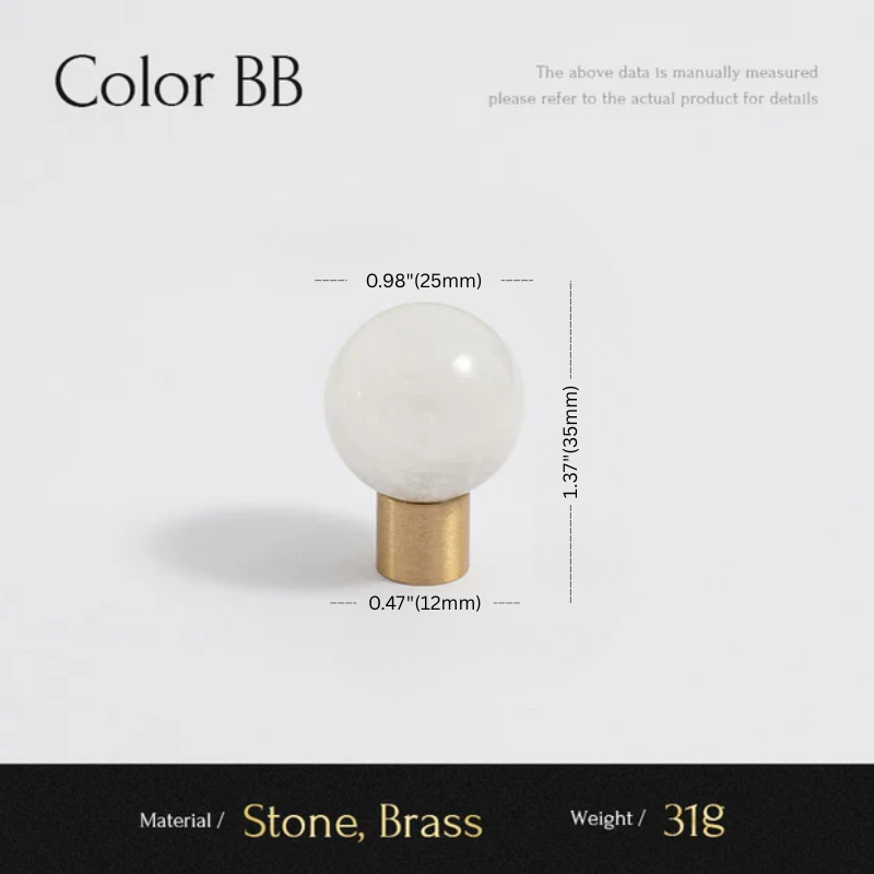 Measurement chart of a decorative item with white sphere and brass base on a light gray background.